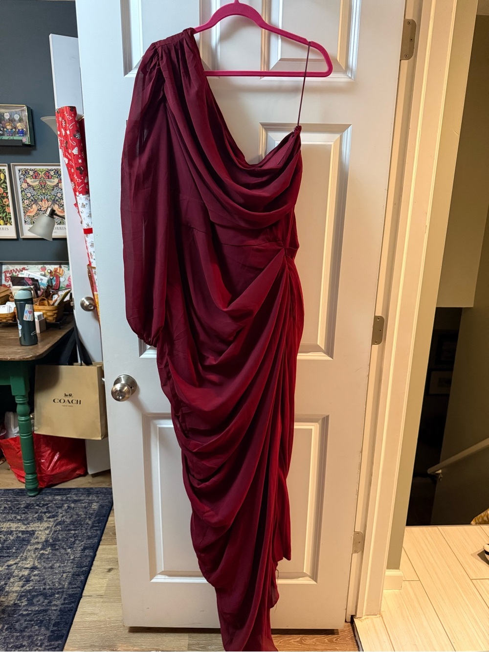 Fashion Nova One-Shoulder Draped Wine Red Evening Gown